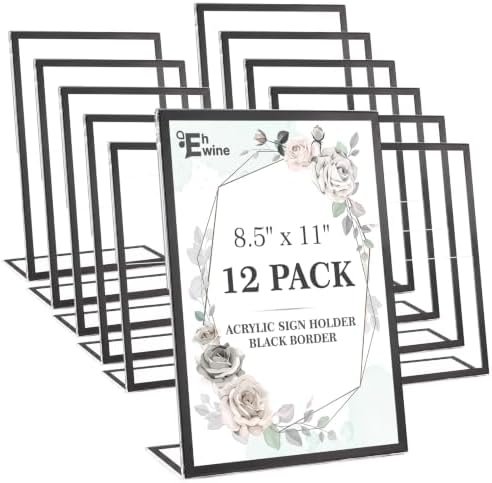 12 Pack Acrylic Sign Holder 8.5 x 11, Black Picture Frame Stand up Table Top Sign Holders, Slanted Back Paper