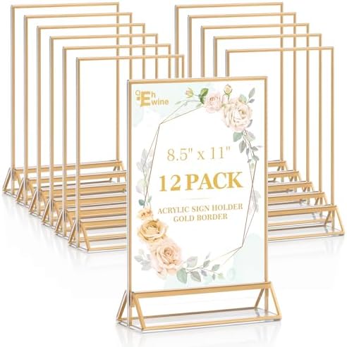 12 Pack Acrylic Sign Holder 8.5 x 11, Double Sided Gold Picture Frame Stand up Table Top Sign Holders, Clear