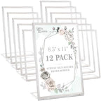 12 Pack Acrylic Sign Holder 8.5 x 11, Silver Picture Frame Stand up Table Top Sign Holders, Slanted Back Paper