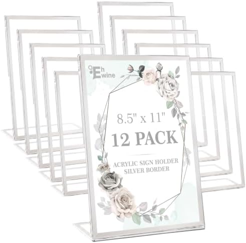 12 Pack Acrylic Sign Holder 8.5 x 11, Silver Picture Frame Stand up Table Top Sign Holders, Slanted Back Paper