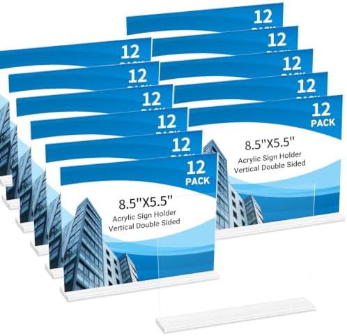 12 Pack Acrylic Sign Holder 8.5 x 5.5 Horizontal, Double-Sided Clear Sign Holder Plastic Stands for Display, T