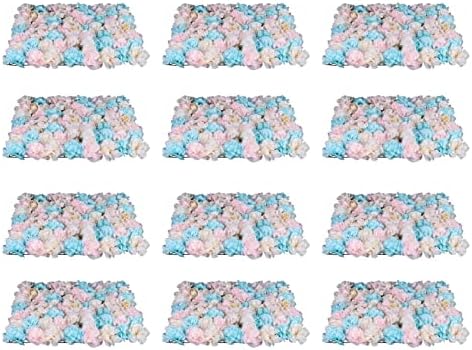 12 Pack Artificial Flower Wall Panels 24" x 16" Blue & Pink Faux Hydrangea and Rose Artificial Flower Backdrop