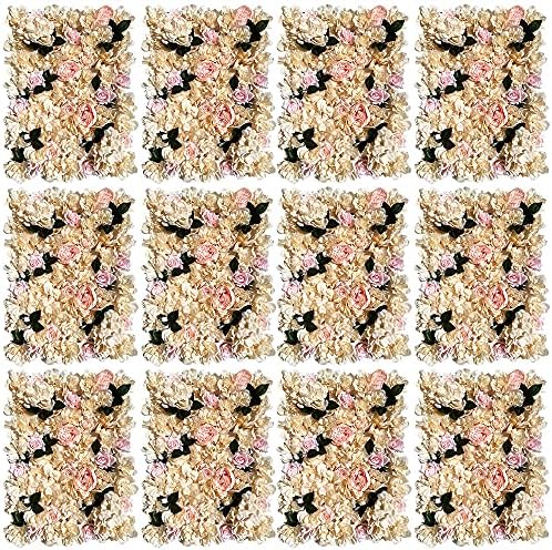 12 Pack Artificial Flower Wall Panels 24" x 16" Khaki Faux Hydrangea and Rose Artificial Flower Backdrop Panels