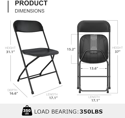 12 Pack Black Folding Chairs, Portable Party Chairs, Plastic Folding Chair, Stackable Commercial Seats with, alternate view 3