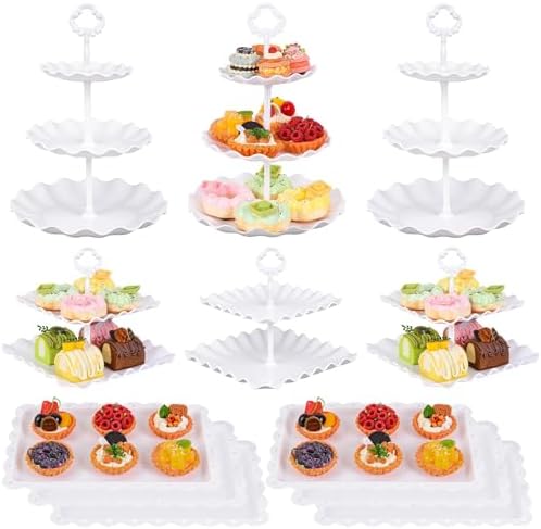 12-Pack Dessert Table Display Set, 6 Cupcake Stands and 6 Dessert Trays, Plastic Dessert Display Stands and Cake