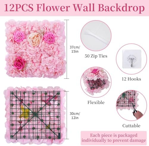 12-Pack Flower Wall Backdrop Rose Pink Backdrop 15×15 Inch Silk in 15×15 Inch, alternate view 3