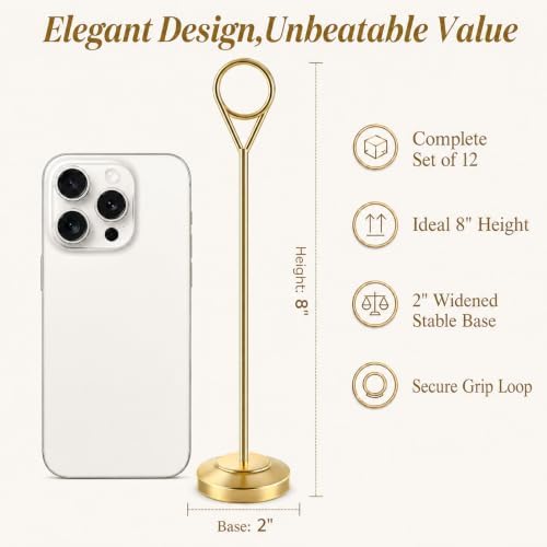 12 Pack Gold Table Number Holders, 8inch Weighted Base Place Card Holders for Outdoor Wedding, Windproof Sturdy, alternate