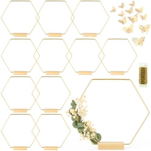12 Pack Hexagonal Floral Hoops with Stand 10 in Metal Rings for DIY Centerpiece Table Decorations Crafts Macrame