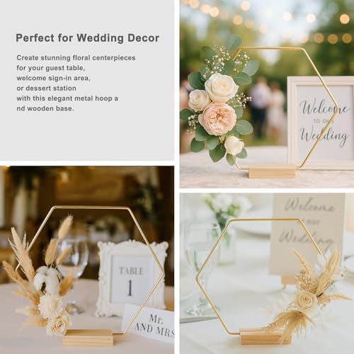 12 Pack Hexagonal Floral Hoops with Stand 14 Inch Hexagon Metal Rings for DIY Centerpiece Table Decorations, alternate view 5