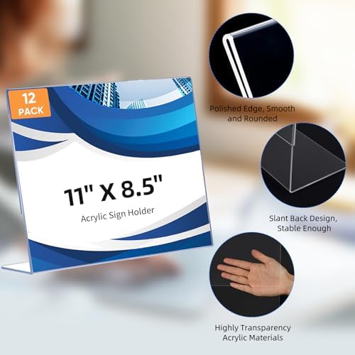 12 Pack L Shape Slanted Back 11x8.5 Plastic Sign Holders with Anti-Slip Pads, Business & Store Acrylic Tabletop, alternate