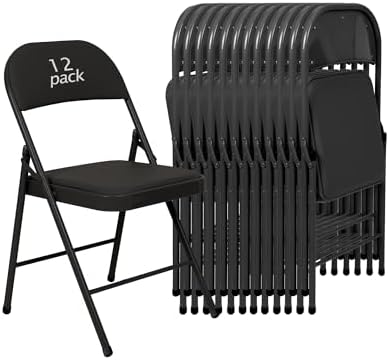 12 Pack Padded Folding Chairs, PU Leather Seat, 350 lb, Black in Black