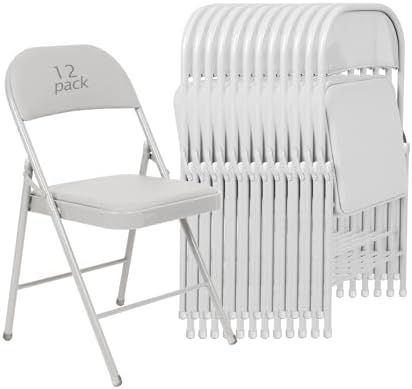 12 Pack Padded Folding Chairs, PU Leather Seat, 350 lb, White in White