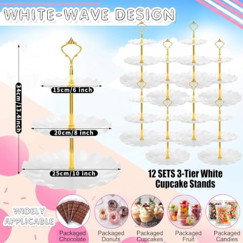12 Pack Plastic 3 Tier Cupcake Stand Holder, White in White, alternate view 4