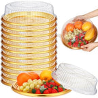 12 Pack Plastic Catering Trays with Lids, 16 Inch Round Gold in Gold, Clear