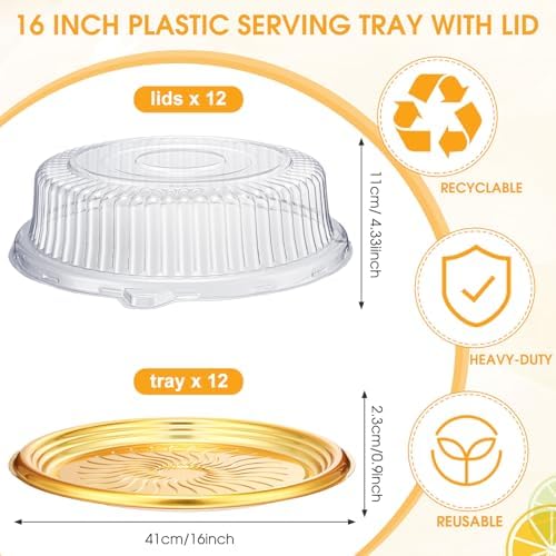 12 Pack Plastic Catering Trays with Lids, 16 Inch Round Gold in Gold, Clear, alternate view 3