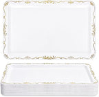 12 Pack Plastic Serving Tray with Gold Rim,14.2 x 9.2 Inch in 14.2 x 9.2 Inch in White
