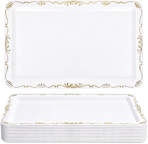 12 Pack Plastic Serving Tray with Gold Rim,14.2 x 9.2 Inch in 14.2 x 9.2 Inch in White
