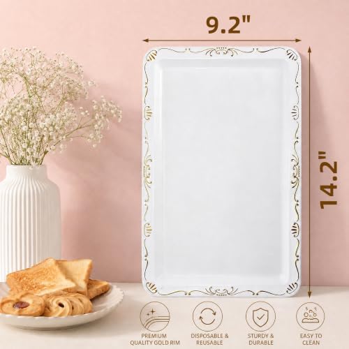 12 Pack Plastic Serving Tray with Gold Rim,14.2 x 9.2 Inch in 14.2 x 9.2 Inch in White, alternate view 3