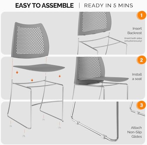 12 Pack Plastic Stacking Chairs, Stackable Office Chairs, Grey in Grey, alternate view 5