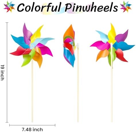 12 Pack Rainbow Pinwheels for Yard and Garden, Rainbow Party Decorations for Kids, Colorful Garden Wind Spinners, alternate