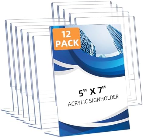 12 Pack Slanted Back Acrylic Sign Holders 5x7 for Business & Store, Tabletop Vertical Sign Holder with Anti-Slip