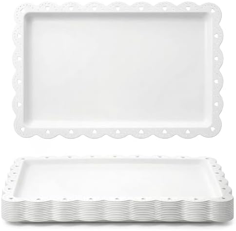 12-Pack White Serving Tray Set, 14.4" X 9.3" Rectangle Disposable Plastic Platters for Cookies, Desserts