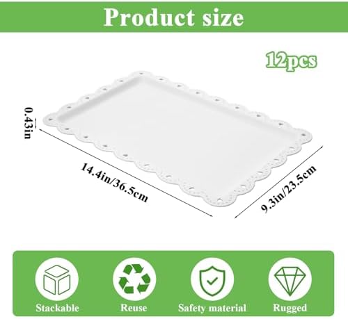 12-Pack White Serving Tray Set, 14.4" X 9.3" Rectangle Disposable Plastic Platters for Cookies, Desserts, alternate view 3