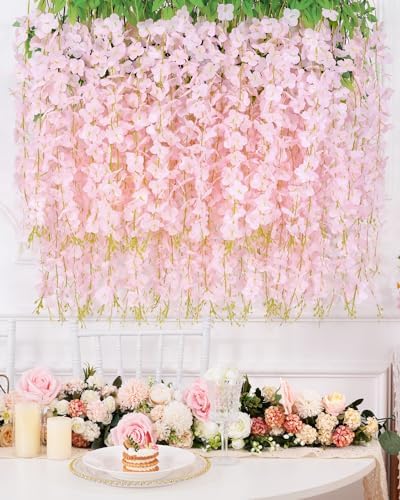 12 Pack Wisteria Hanging Flowers, 3.6 Feet Light Pink Artificial Flowers, Fake Wisteria Vines for Bedroom