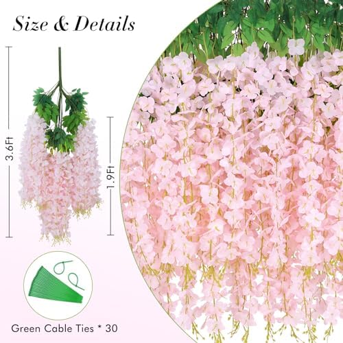 12 Pack Wisteria Hanging Flowers, 3.6 Feet Light Pink Artificial Flowers, Fake Wisteria Vines for Bedroom, alternate view 2