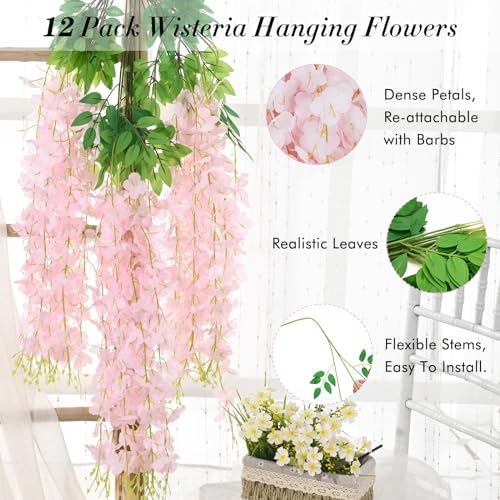 12 Pack Wisteria Hanging Flowers, 3.6 Feet Light Pink Artificial Flowers, Fake Wisteria Vines for Bedroom, alternate view 4