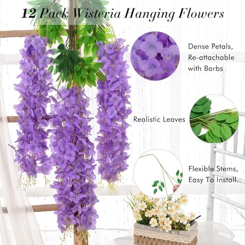 12 Pack Wisteria Hanging Flowers, 3.6 Feet/Pcs Purple Wisteria Artificial Flowers, Fake Wisteria Flowers, alternate view 5