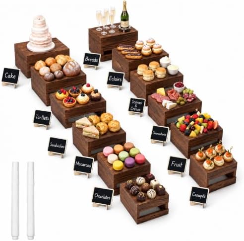 12 Pack Wood Buffet Riser with Mini Signs and Marker 6 Sizes in Dark Brown