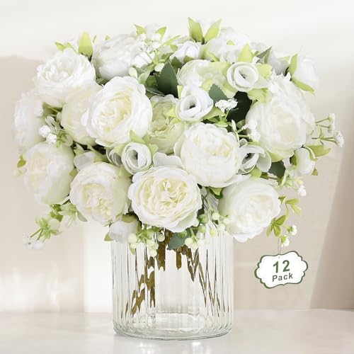 12 Packs Peonies Artificial Flowers, White Silk Flowers Artificial Peonies in White