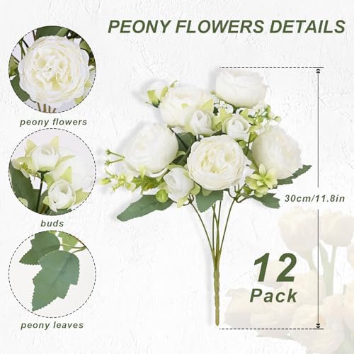 12 Packs Peonies Artificial Flowers, White Silk Flowers Artificial Peonies in White, alternate view 4