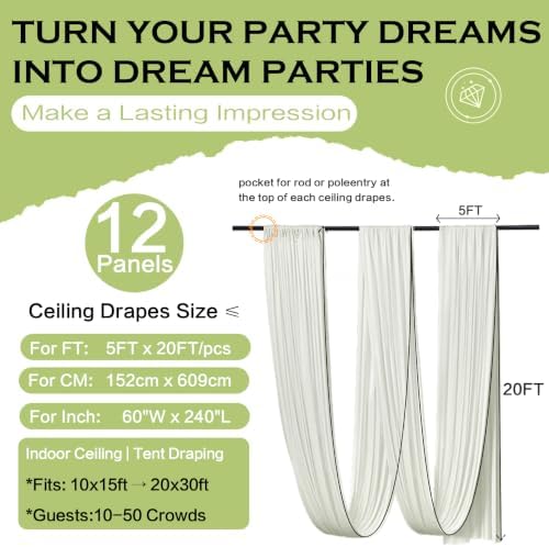 12 Panels 5ft(W) x 20ft(L) Ivory Ceiling Drapes for Wedding Parties, alternate view 6