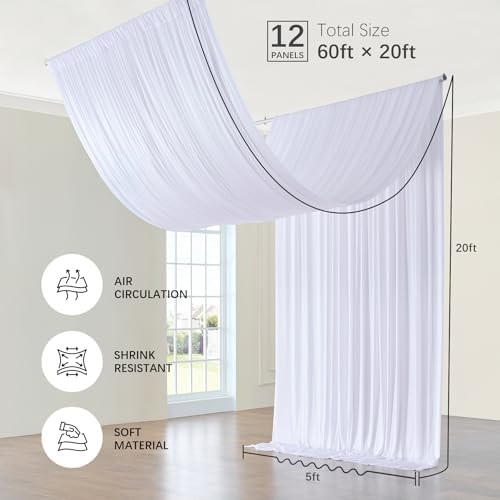 12 Panels 5ft(W) x 20ft(L) White Ceiling Drapes for Wedding Parties, alternate view 3