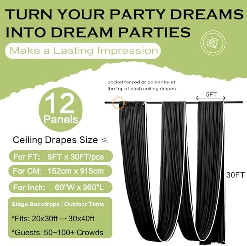 12 Panels 5ftx30ft Black Ceiling Drapes for Halloween Parties, alternate view 6