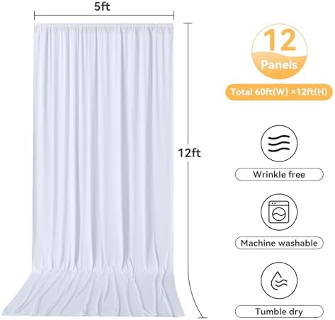 12 Panels 5x12ft White Backdrop Curtains for Parties, Wrinkle Free Polyester Photo Backdrop Drapes 12 ft Long, alternate view