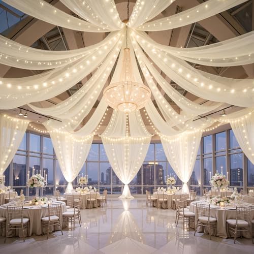 12 Panels Beige Ceiling Curtains with Lights for Weddings - 5ftx30ft Wrinkle-Free Tulle Fabric Wedding Arch