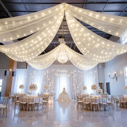 12 Panels Beige Ceiling Curtains with Lights for Weddings - 5ftx30ft Wrinkle-Free Tulle Fabric Wedding Arch, alternate view 2