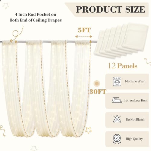 12 Panels Beige Ceiling Curtains with Lights for Weddings - 5ftx30ft Wrinkle-Free Tulle Fabric Wedding Arch, alternate view 4