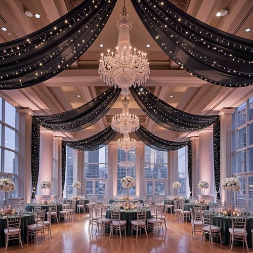 12 Panels Black Ceiling Curtains with Lights for Weddings - 5ftx20ft Wrinkle-Free Tulle Fabric Wedding Arch