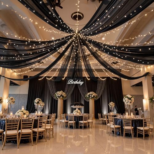 12 Panels Black Ceiling Curtains with Lights for Weddings - 5ftx20ft Wrinkle-Free Tulle Fabric Wedding Arch, alternate view 2