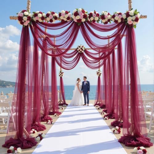 12 Panels Burgundy Wedding Arch Draping Fabric 30" x 19ft Wedding Drapes Tulle Drapes for Backdrop Sheer Fabric, alternate