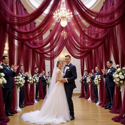 12 Panels Burgundy Wedding Arch Draping Fabric 30" x 19ft Wedding Drapes Tulle Drapes for Backdrop Sheer Fabric, alternate