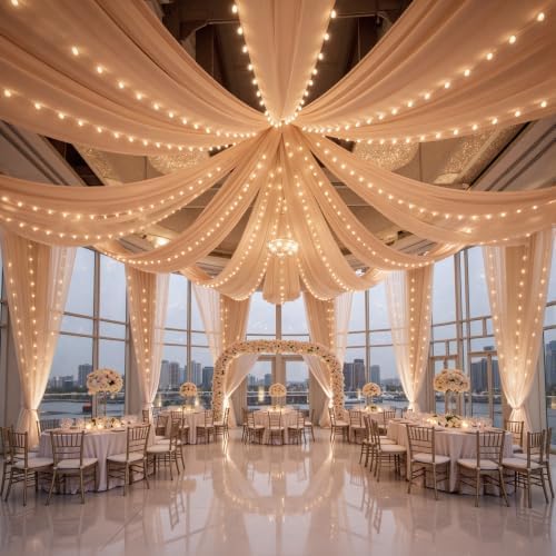 12 Panels Deep Champagne Ceiling Curtains with Lights for Weddings - 5ftx30ft Wrinkle-Free Tulle Fabric Wedding