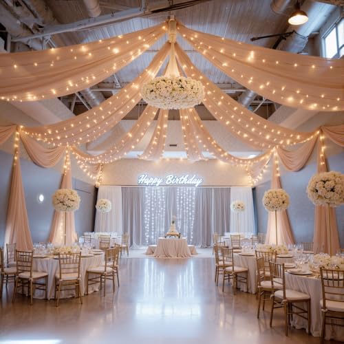 12 Panels Deep Champagne Ceiling Curtains with Lights for Weddings - 5ftx30ft Wrinkle-Free Tulle Fabric Wedding, alternate