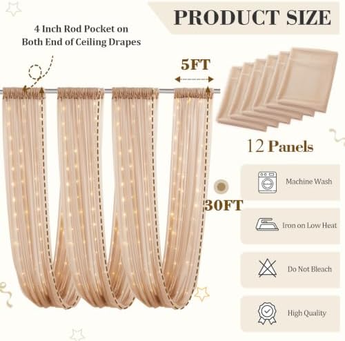 12 Panels Deep Champagne Ceiling Curtains with Lights for Weddings - 5ftx30ft Wrinkle-Free Tulle Fabric Wedding, alternate
