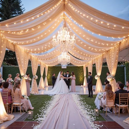 12 Panels Deep Champagne Ceiling Curtains with Lights for Weddings - 5ftx30ft Wrinkle-Free Tulle Fabric Wedding, alternate