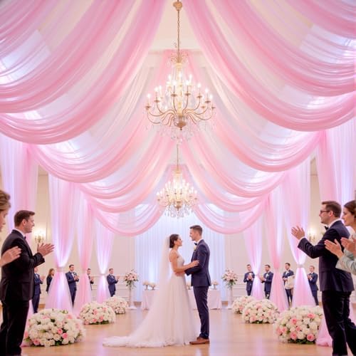 12 Panels Pink Wedding Arch Draping Fabric 30" x 19ft Wedding Drapes Tulle Drapes for Backdrop Sheer Fabric, alternate view 2